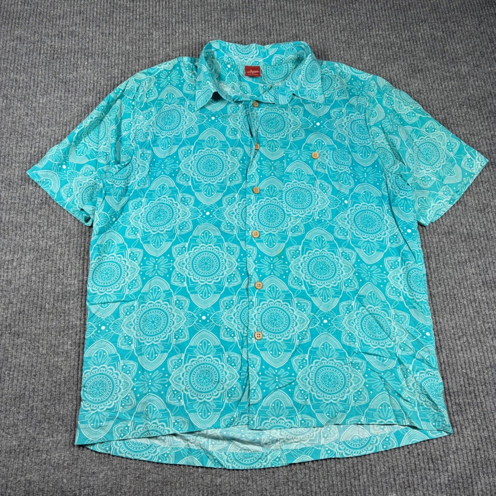 Junction West Shirt Men's L Teal Blue Mandala Print Short Sleeve Button Up Shirt